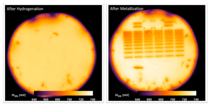 多晶硅(n)对称样品经N₂O处理并在900°C退火1小时后氢化（左）及金属化TLM结构（右）后的光致发光PL图像