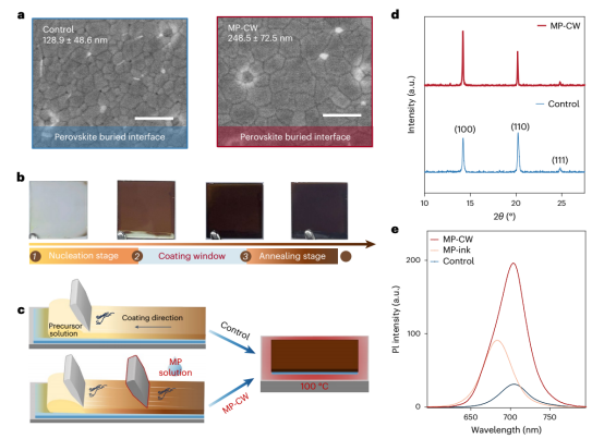 a. 柔性基板上WBG的SEM图像 b. 钙钛矿膜颜色变化的照片 c. 添加剂辅助原位刮涂策略的示意图 d. XRD图谱 e.PL光谱