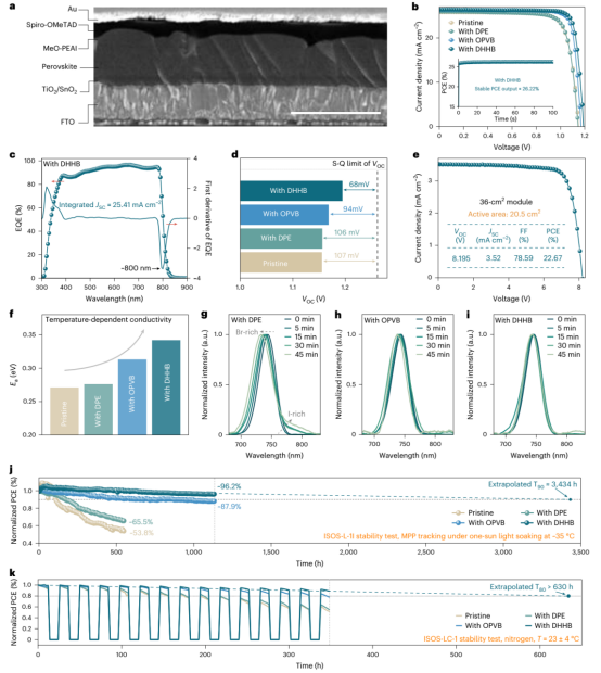 a. DHHB修饰的钙钛矿薄膜的截面SEM图像。比例尺：1 μm。b. 性能最佳电池的J-V曲线（反向扫描）。插图：DHHB修饰钙钛矿电池的稳态功率输出曲线。c. DHHB修饰钙钛矿电池的EQE光谱及其一阶导数曲线。d. 参比、DPE、OPVB和DHHB修饰钙钛矿电池的电压损失对比。S–Q代表Shockley–Queisser极限。e. DHHB修饰钙钛矿组件的J-V曲线。f. 参比、DPE、OPVB和DHHB修饰钙钛矿电池的离子迁移活化能统计对比。g-i. DPE修饰 (g)、OPVB修饰 (h) 和 DHHB修饰 (i) 的宽禁带（1.67 eV）钙钛矿电池在连续光照下的PL光谱。j. 遵循ISOS-L-II协议的参比、DPE、OPVB和DHHB修饰钙钛矿电池在最大功率点跟踪下的连续光照稳定性。k. 遵循ISOS-LC-1协议的参比、DPE、OPVB和DHHB修饰钙钛矿电池的昼夜循环稳定性。