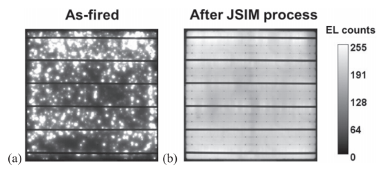  图1a所示的 (a) 烧结后均匀发射极（HE）电池和 (b) 经过JSIM工艺后的HE电池的EL图像