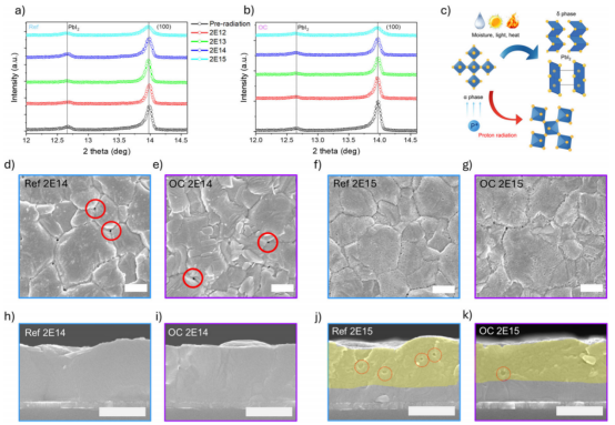 (a, b) 不同质子注量下，参比与OC钙钛矿薄膜的PbI₂及(100)晶面XRD图谱。(c) 水分、光照、热量及质子辐照诱导钙钛矿结构降解的机制示意图。(d, e) 注量为2×10¹⁴ p/cm²时，参比与OC样品的表面SEM图像；(f, g) 注量为2×10¹⁵ p/cm²时的表面SEM图像。(h, i) 注量为2×10¹⁴ p/cm²时，参比与OC样品的截面SEM图像；(j, k) 注量为2×10¹⁵ p/cm²时的截面SEM图像