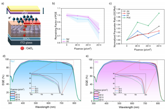 (a) 质子辐照后钙钛矿太阳能电池结构示意图，展示了PTAA与金电极的沉积。(b) 不同质子辐照注量下，参比与OC样品的剩余效率参数。(c) 不同质子辐照注量下，OC与参比样品的归一化参数比值。(d, e) 不同质子辐照注量下，参比与OC样品的外量子效率谱