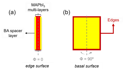 一个基本的矩形二维RP片层的边缘表面（红色）(a) 和基面（黄色）(b)，该片层由n层MAPbI₃夹在两个BA间隔层之间构成