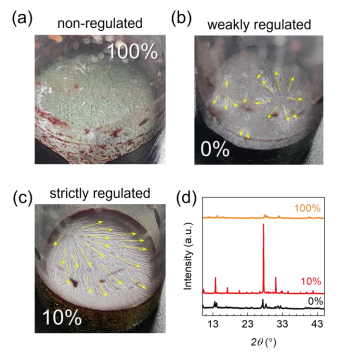  (a-c) 100%、0%和10% PEA前驱体结晶顶部表壳的照片，黄色箭头表示横向生长方向。(d) 对应的XRD图谱