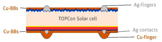 正面与背面均采用降银设计的Cu-TOPCon电池截面示意图