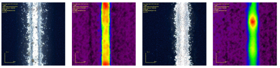  两种正面浆料所印刷细栅的激光扫描显微镜图像(a)为参比含铝银浆印刷细栅的光学显微图像(b)为其对应的高度分布热力图。(c)和(d)分别为新型无铝银浆印刷细栅的光学图像与高度分布图