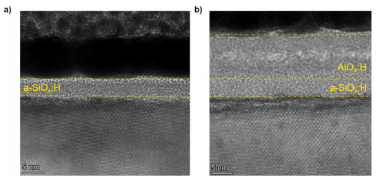 样品的横截面透射电镜图像：(a) a-SiOx:H单层，(b) a-SiOx:H/AlOx:H双层叠层