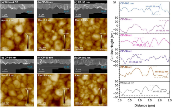 (a–f)钙钛矿薄膜接触角、截面SEM及AFM图像(g) AFM图像提取的高度分布曲线