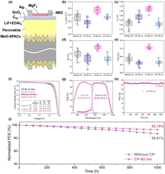 (a)叠层器件结构示意图(b–e)开路电压、短路电流密度、填充因子、转换效率统计图(f)最优叠层电池电流-电压曲线(g)最优叠层电池外量子效率光谱(h)稳态输出效率(i)存储稳定性