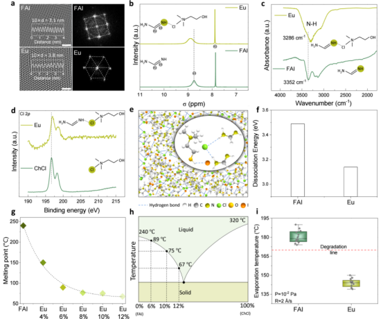 (a)FAI与共晶Eu的晶格条纹与衍射(HRTEM) (b)FAI与共晶Eu的氢核磁(¹H NMR)对比(c)FAI与共晶Eu的红外光谱(FTIR)对比(d)氯化胆碱与共晶Eu的Cl 2p XPS对比(e)共晶Eu的氢键网络结构示意(f)共晶Eu与纯FAI的解离能对比(g)不同氯化胆碱含量共晶的熔点(DSC)(h)FAI与氯化胆碱二元相图示意(i)共晶Eu与纯FAI的实际蒸发温度对比